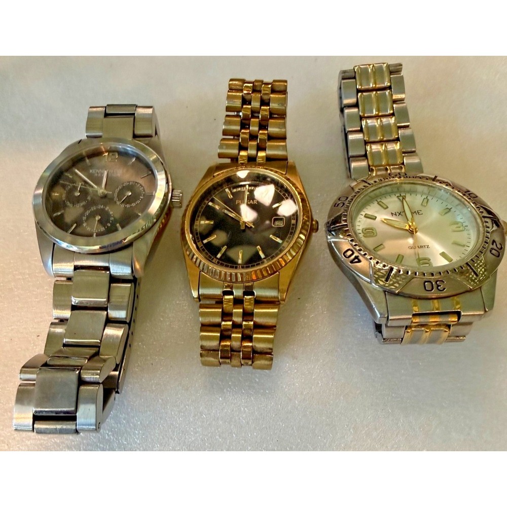Lot of 3 Men's Quartz Watches  NX Time Pulsar Two Tone Day Date Kenneth Cole
